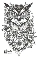 owl face with no geometric surrounded by cosmo flower and gladiolus flower tattoo design idea