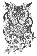 owl face with no geometric surrounded by cosmo flower and gladiolus flower tattoo design idea