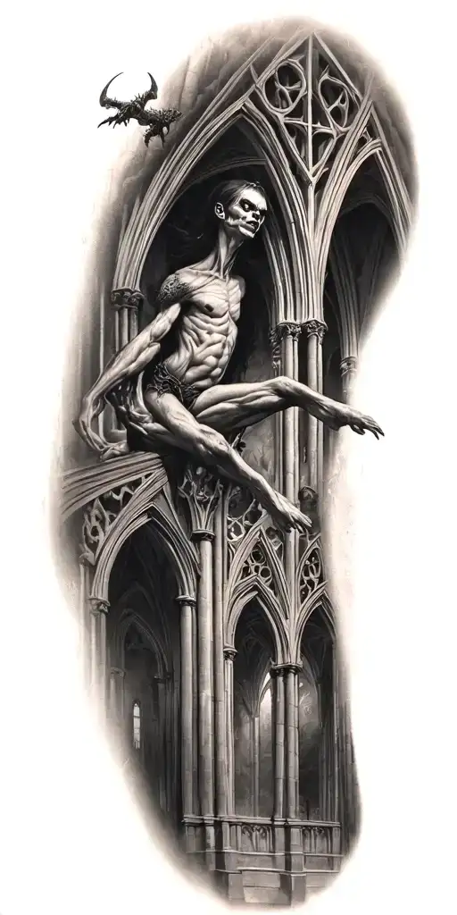 demons trapped in a cathedral realism tattoo design idea