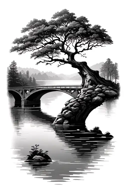 tree and water and bridge leading tattoo design idea
