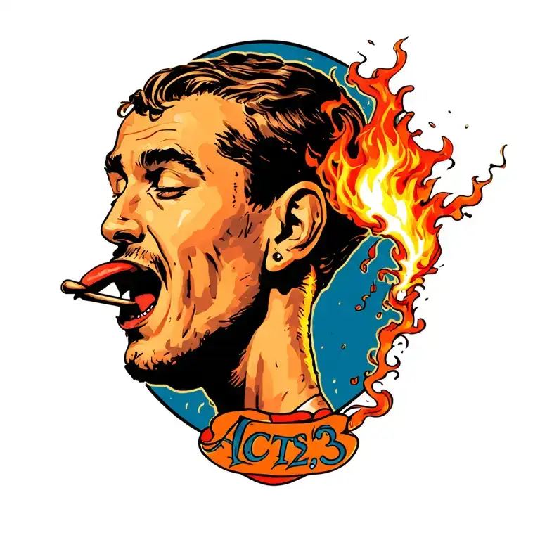 "Acts 2:3" The side profile of a man with a tongue that's on fire descending into his mouth tattoo design idea