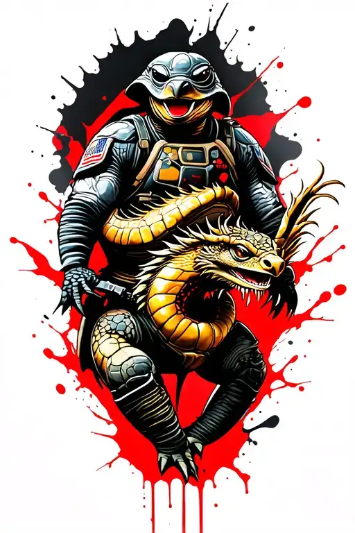 shellback turtle wearing US Navy gear fighting with a golden dragon tattoo design idea