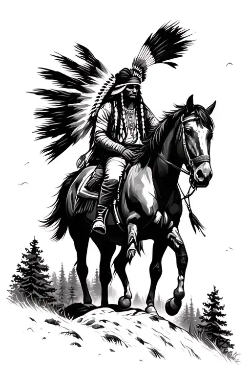 native american on horse looking down a ridge mountains tattoo design idea