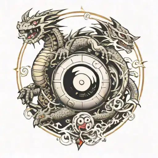 dragon ball on top of a yugioh card above a sharingan above a poke ball tattoo design idea