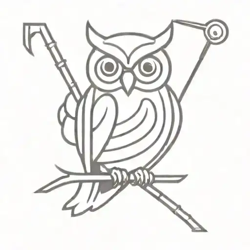 A wise owl holding a blazing iron staff tattoo design idea