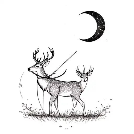 Artemis with her bow and the inspiring deer with moon tattoo design idea