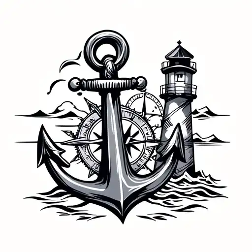 anchor, lighthouse and compass intertwined tattoo design idea