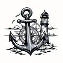 anchor, lighthouse and compass intertwined tattoo design idea