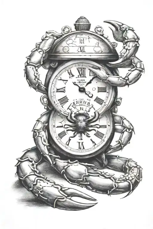 Forearm tattoo with an old watch set to 05:50 with an amount of the astrological sign Crab. In the continuity, tattoo design idea