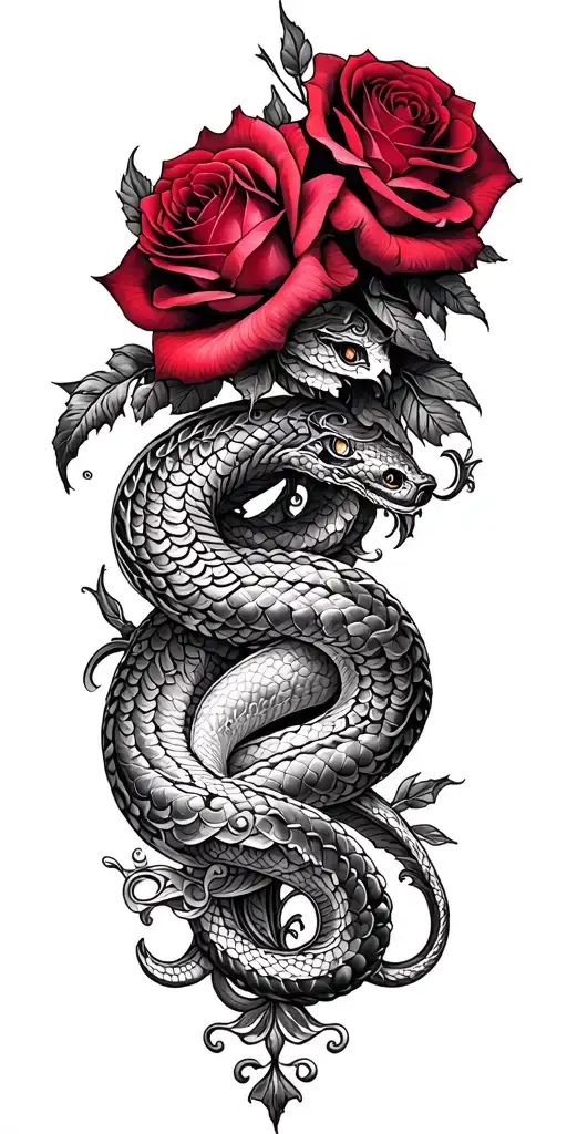 Sleeve tattoo of intertwining baroque filigree, serpents, and crimson roses, blending beauty and danger. tattoo design idea