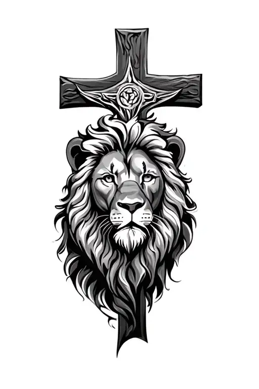 a tattoo design of a lion and a Christian rugged cross superimposed and blended, the lion strong but gentle tattoo design idea