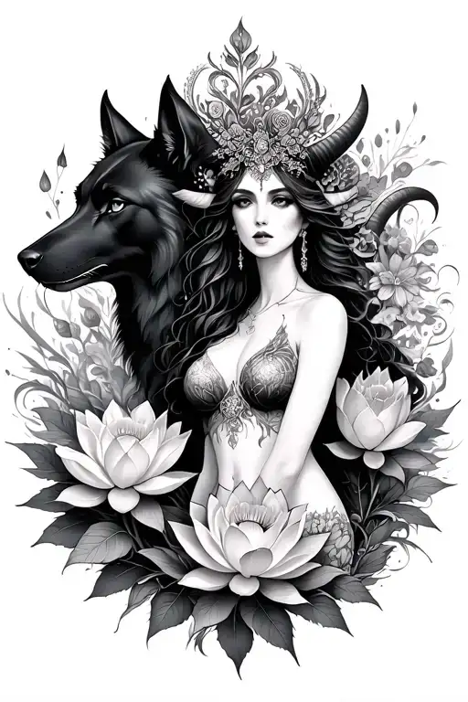 Aries sexy goddess surrounded by poeny and lotus flowers and black wolf  tattoo design idea