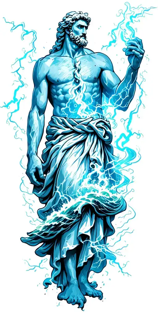 zeus creating storm with lightning  transitioning down to Poseidon causing high seas.  colorful tattoo design idea
