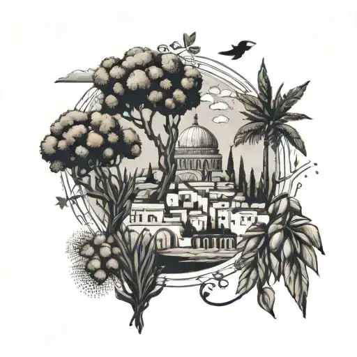 Combining the map of Palestine, Syria and Lebanon and the symbols of each, namely olives, Jerusalem, cedars and jasmine, with things that indicate freedom, the sky and clouds. tattoo design idea