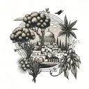 Combining the map of Palestine, Syria and Lebanon and the symbols of each, namely olives, Jerusalem, cedars and jasmine, with things that indicate freedom, the sky and clouds. tattoo design idea