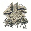 Combining the map of Palestine, Syria and Lebanon and the symbols of each, namely olives, Jerusalem, cedars and jasmine, with things that indicate freedom, the sky and clouds. tattoo design idea