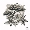 Combining the map of Palestine, Syria and Lebanon and the symbols of each, namely olives, Jerusalem, cedars and jasmine, with things that indicate freedom, the sky and clouds. tattoo design idea