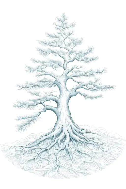 Fine, lively, filigree, flourish pine tree with roots and stylized waves. Form like a semicircle. tattoo design idea