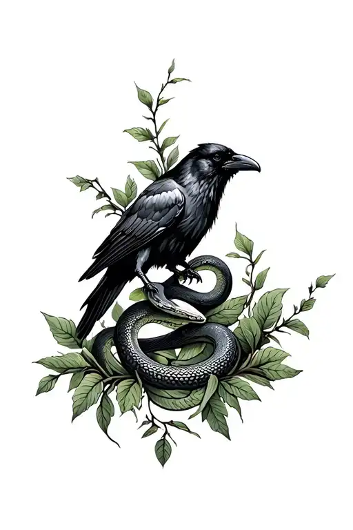 vines and greenery with snakes and a raven tattoo design idea
