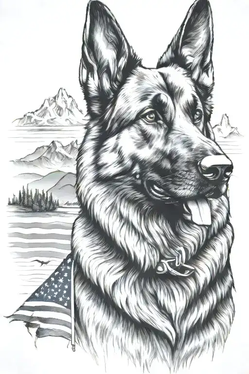 A detailed black and grey portrait of a german shepherd service dog vest mountain scene and American flag tattoo design idea