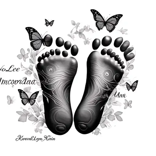 footprints with butterflies surrounding with the name NovaLee Kai Ann incorporated  tattoo design idea
