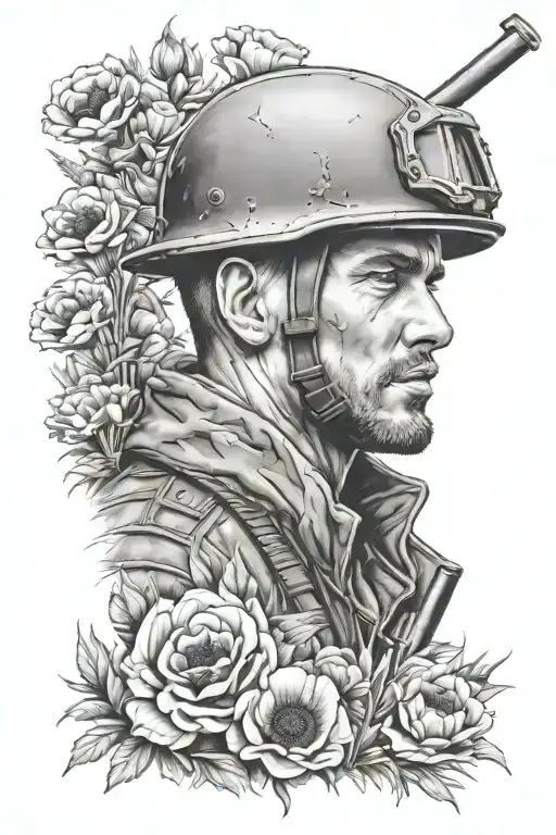 A realistic portrait of a Tommy soldier surrounded by a field of vibrant poppies, paying tribute to the client's favorite things tattoo design idea