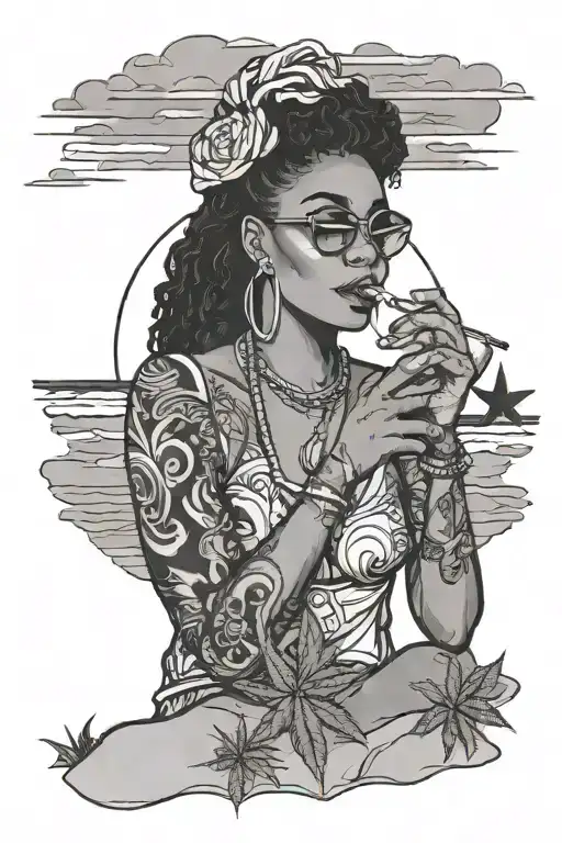 beach sunset black woman smoking weed on beach tattoo design idea