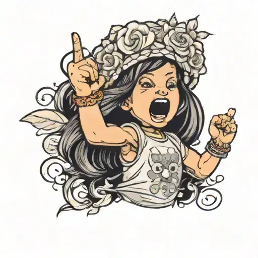 Little girl yelling with raised fist and wild dark hair and flower headress tattoo design idea