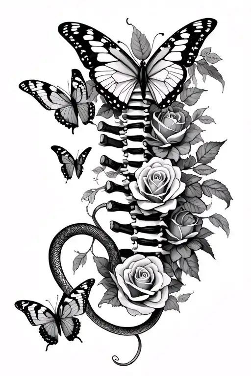 spine butterflies, snakes, and roses intertwined tattoo design idea