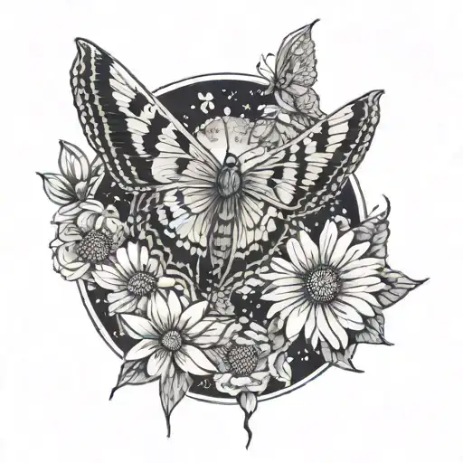 lunar moth with Daisy flowers tattoo design idea