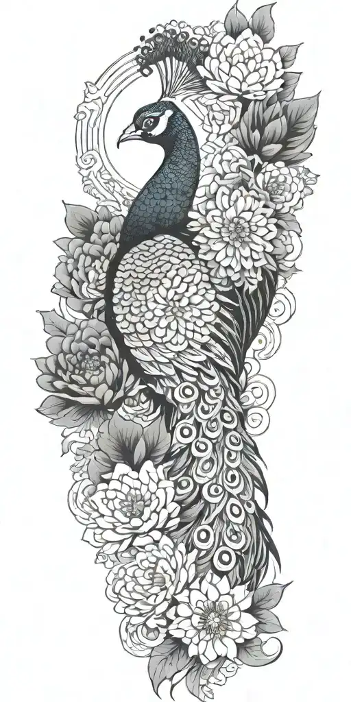 male peacock and chrysanthemum flower bouquet japanese style till wrist tattoo design idea