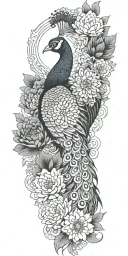 male peacock and chrysanthemum flower bouquet japanese style till wrist tattoo design idea