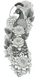 male peacock and chrysanthemum flower bouquet japanese style till wrist tattoo design idea