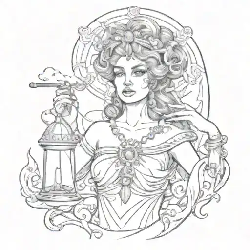 the goddess Themis smokes, scales in one hand, a cigarette in the other hand, eyes are blindfolded tattoo design idea