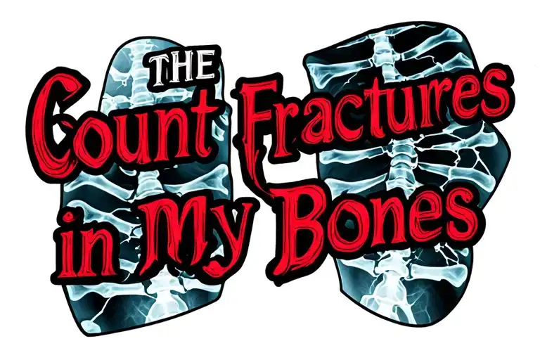 The text" count the fractures in my bones" in a bold font and an image of broken bones on an xray tattoo design idea