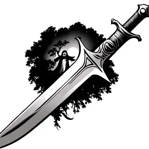 sword with trees and jesus tattoo design idea