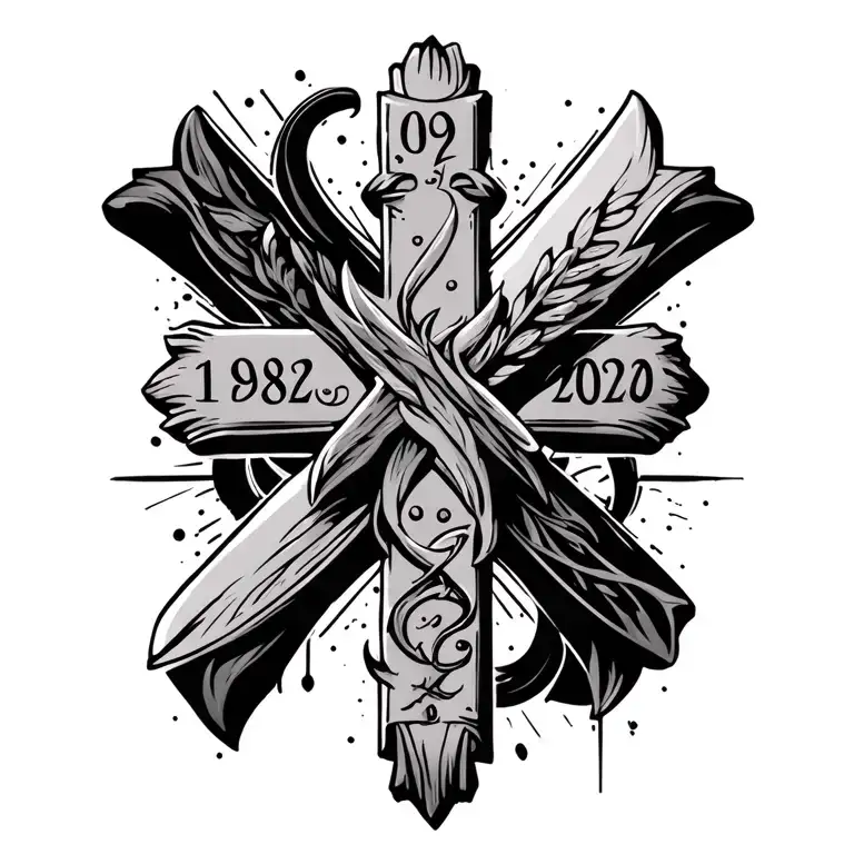 cross design with years overlapping each other, 1982, 1986, 2020, 2022 tattoo design idea
