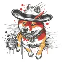 I want a picture of shiba inu dog with a sombrero hat and a slice of cheese infront which the dog is chasing. tattoo design idea