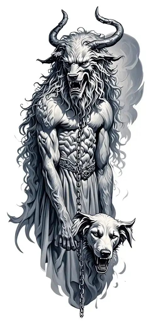 hades with cerberus with chain links tattoo design idea