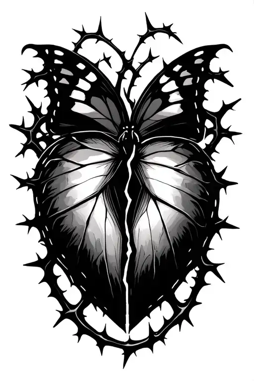 butterfly broken heart intertwined witn trail of thorns tattoo design idea