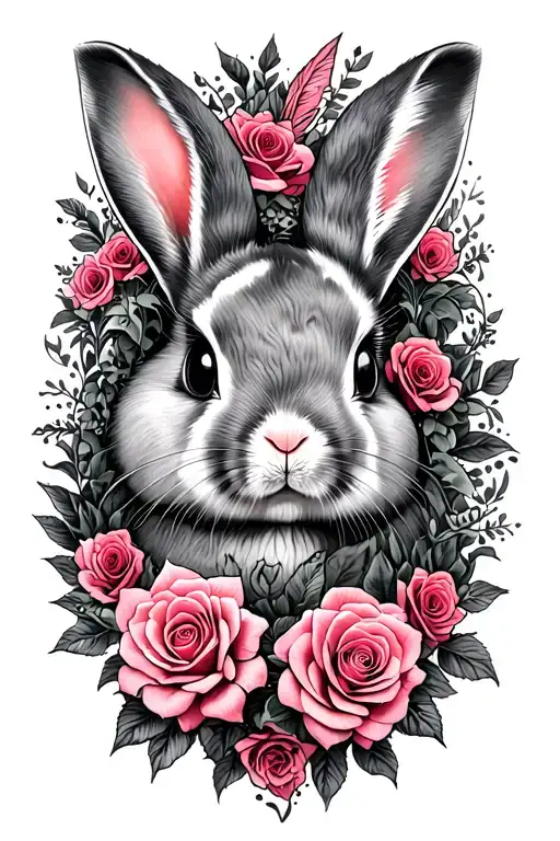 fingerprints in a heart with a border around the heart, mandala rabbit side on, blank and pink shaded roses conecting it tattoo design idea