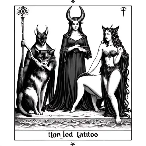 tarot card featuring capricorn, hekate, lilith, a cat and the devil tarot card tattoo design idea