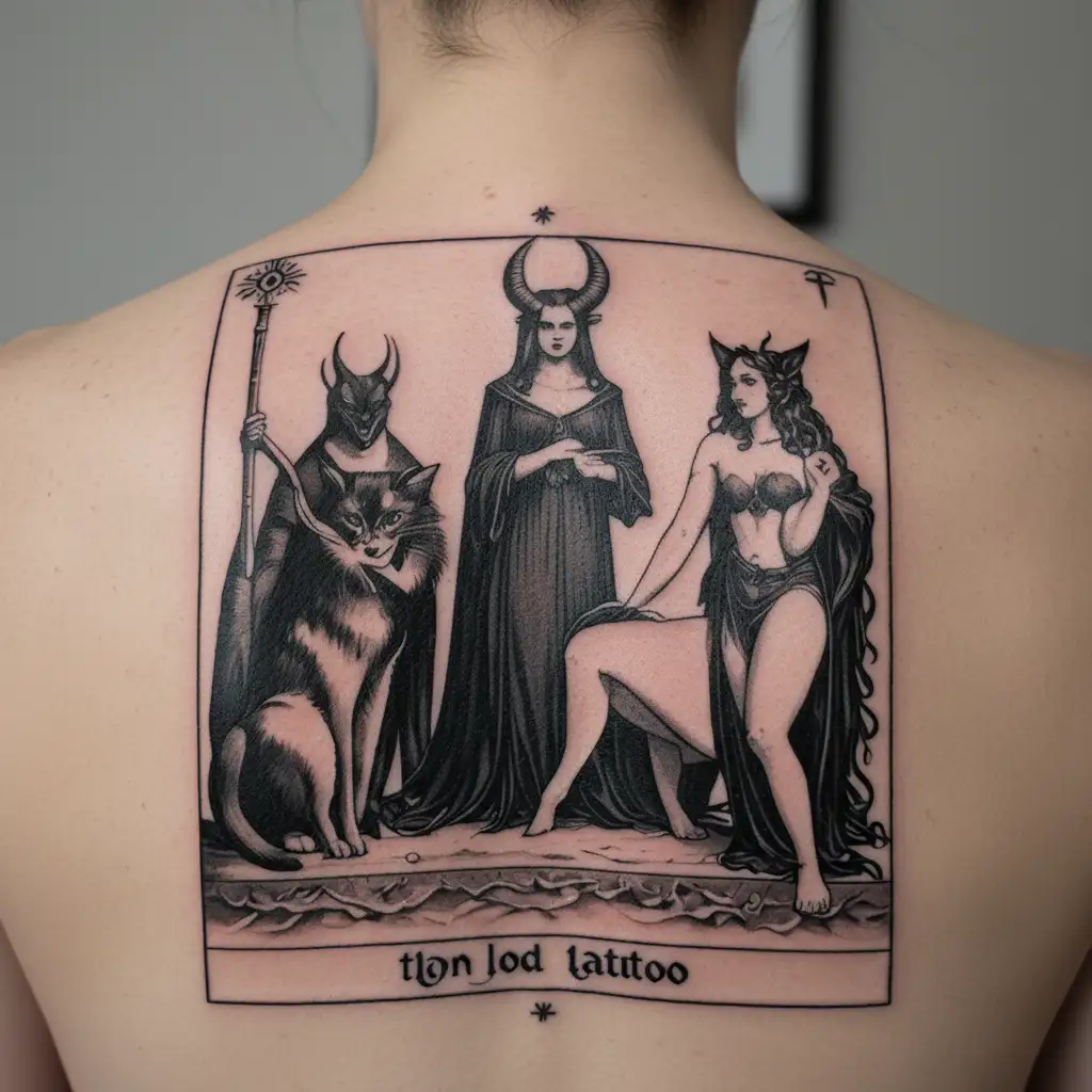 tarot card featuring capricorn, hekate, lilith, a cat and the devil tarot card tattoo design idea