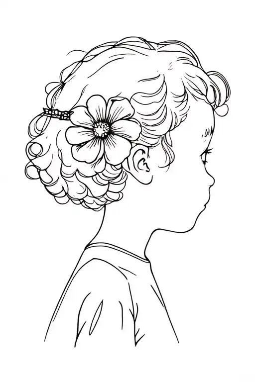 A child seen from profile. The child has curly hair stuck with a flower clip. tattoo design idea