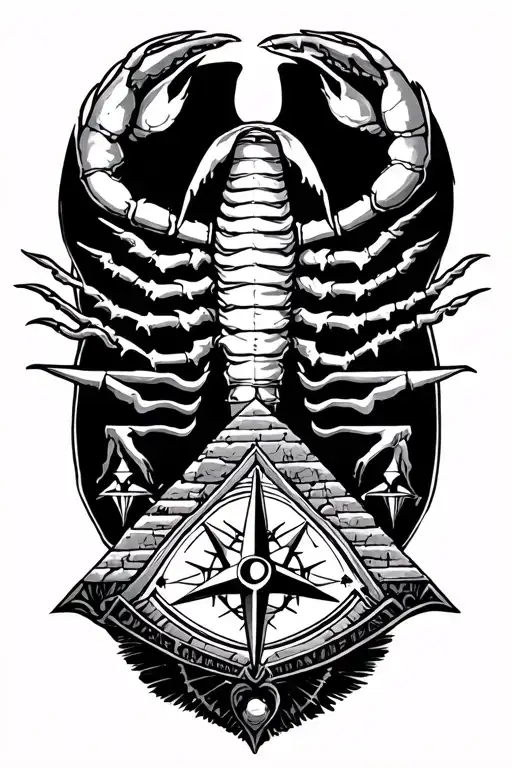 Scorpio with a compass at the foot of a pyramid and three 7 deadly sins tattoo design idea