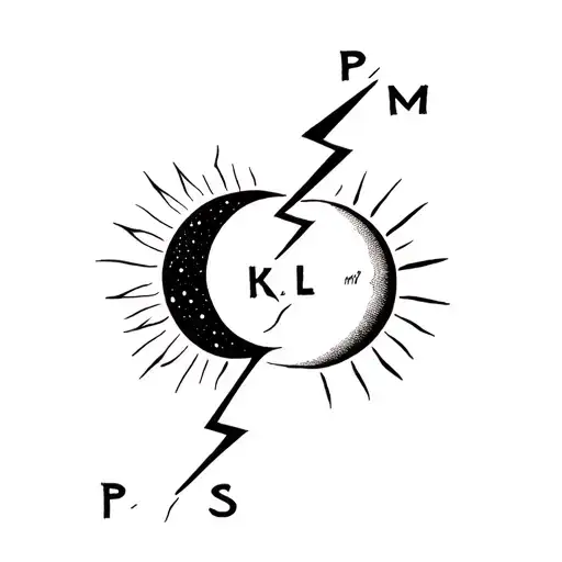 A moon and a sun divided by a crackling lightning bolt, with the letters  P M L S   tattoo design idea