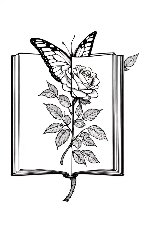 book with a rose and half a butterfly wing  tattoo design idea