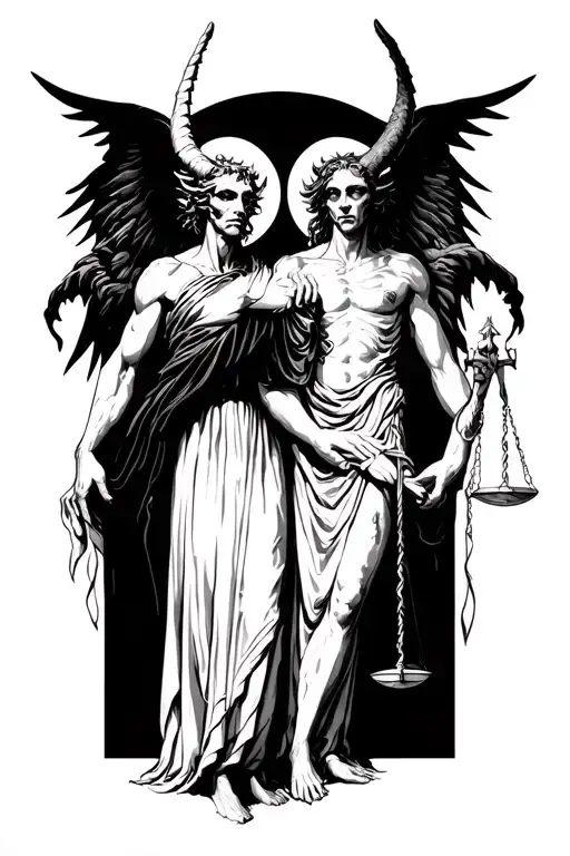 demon holding Libra skills with heaven and hell on each one  tattoo design idea
