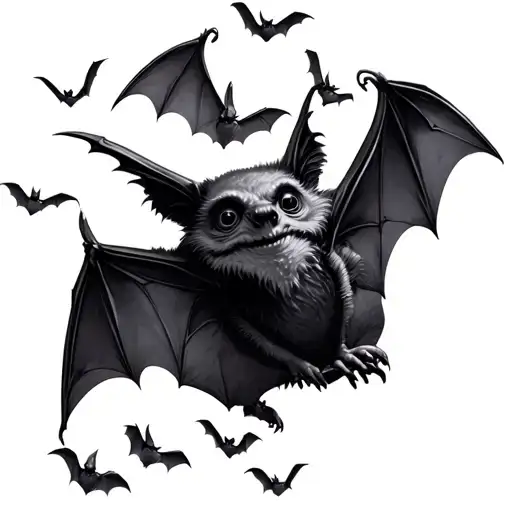 a flock of small bats flying by a haunted tattoo design idea