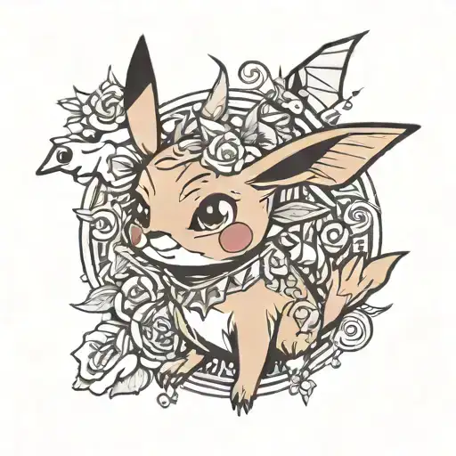 small, pikachu character, stitch character,dragon,rose and wolf tatoo tattoo design idea